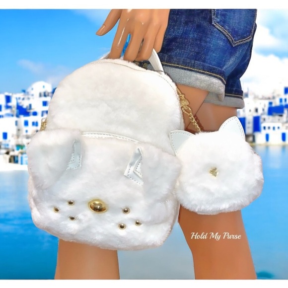 Betsey Johnson Faux-Fur Dog Backpack Crossbody Bag & Cat Keychain Coin Case - Picture 1 of 13
